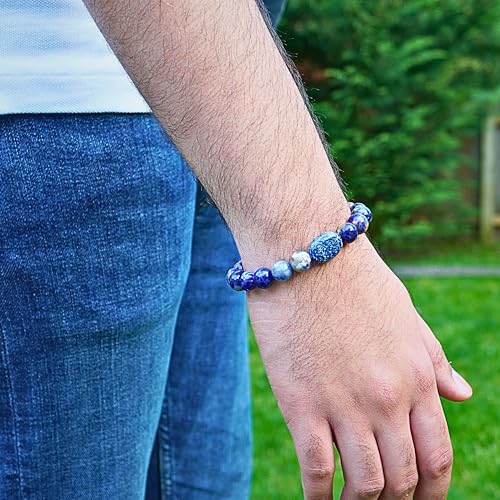 Black Obisidian Bracelets for Men 8" Inch Full Stretch Healing Crystal Bracelet, Beaded Charm Bracelet for Men Gifts Fathers Day Anniversary Birthday Gifts for Him - color: Sodalite & Lapis Lazuli Bracelets