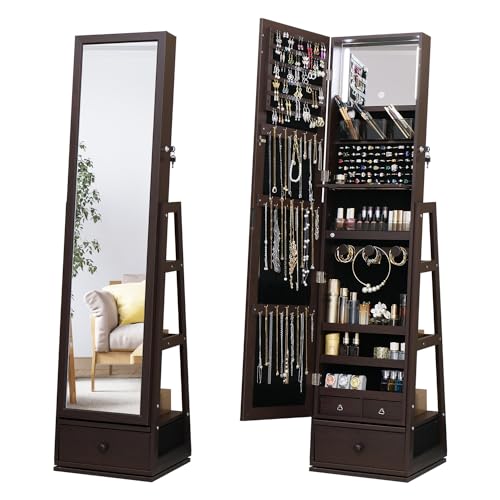 Swivel Full Length Mirror Jewelry Cabinet Standing With Built-In Mirror - 63.7”H Lockable Storage Jewelry Armoire With Mirror Drawers 3 Storage Racks Christmas Gift for Women Brown - color: Brown