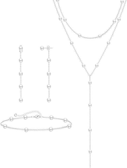 Zeffy Gold Pearl Necklace for Women, Dainty 14K Gold/Silve Plated Layered Pearl Choker Pearl Earrings Pearl Bracelets Wedding Trendy Gold Jewelry Set for Women Gifts