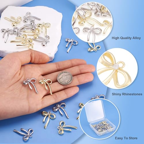 FASHEWELRY Golden Bow Connector Charms Bulk, Christmas Bowknot Link Charms, Infinity Links Geometric Hollow Bezel Pendants for Earring Bracelet Necklace Keychains Jewelry Making - color: 2 Colors Rhinestone Bowknot