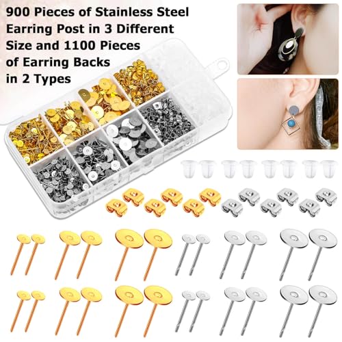 Hypoallergenic Earring Posts and Backs, Caffox 2000pcs Stud Earrings Making Kit with Ear Ring Base and Earring Backs for Leather Stud, Clay, Pearl Jewelry Making (Gold & Silver) - color: Gold & Silver