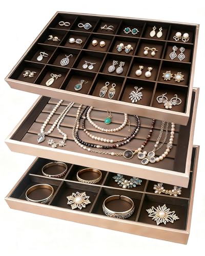 Rocutus Jewelry Trays,3 Pack Stackable Velvet Jewelry Organizer Tray Drawer Jewelry Storage Tray,Divided Ring Organizer Tray for Earrings, Necklaces, Bracelets,13.8"x9.5"x1.2" (Champagne Gold) - color: Champagne Gold