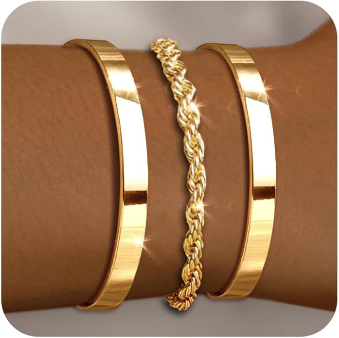 Gold Bracelets for Women 18k Gold Plated Bracelet Stack Bangle Cuff Bracelet Set for Women Non Tarnish Beaded/Paperclip/Cuban Link Chain Bracelets Jewelry for Women Trendy