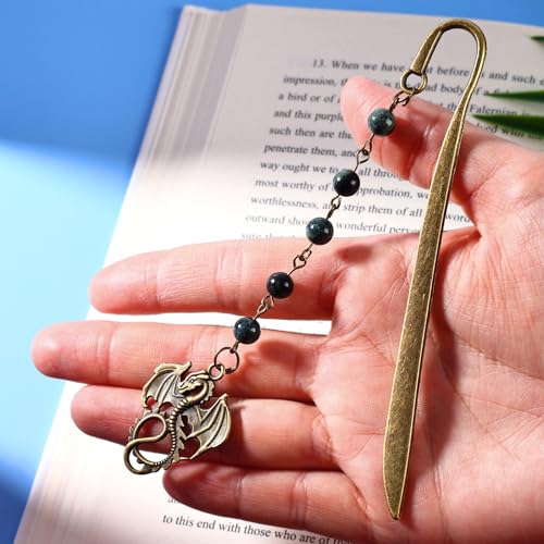 Vintage Witch Brass Metal Copper Bookmark with Dragon and Bead Chain Pendant–Wicked,Handmade Sodalite Bookmarks for Reading Women,Men,Book Lovers,Girls,Teens,Teachers and Students - style: Dragon