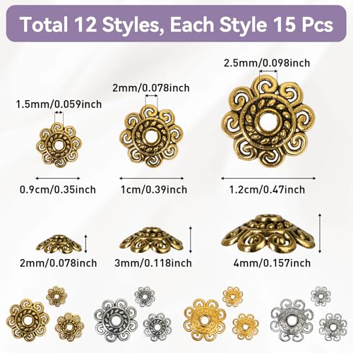 180PCS Bead Caps for Jewelry Making – 4 Finishes + 3 Sizes Each (Gold/Silver/Antique Gold/Antique Silver), Metal Spacer & Ornament Caps for Earrings, Bracelets, Necklaces and DIY Crafts