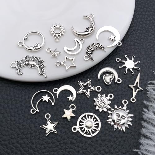 WOCRAFT 60pcs Antique Silver Sun Moon Star Bracelet Charms for Jewelry Making Sets DIY Necklace Bracelet Keychain Crafting Charms Kit Craft Supplies (SN833) - color: Antique Silver, size: Sun Moon Star Charms