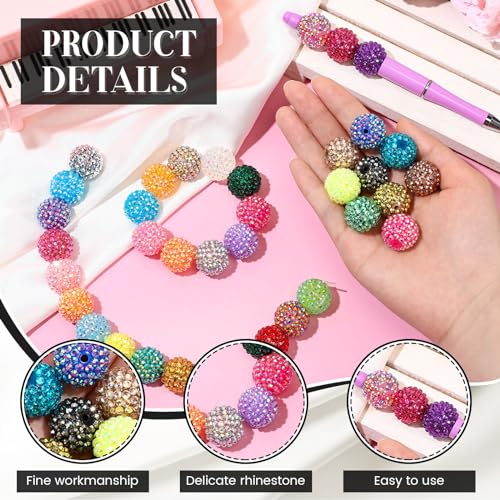 40 Pcs 20 mm Rhinestone Beads Bulk Crystal Round Disco Ball Chunky Bubblegum Beads for Pens Bracelets Charms Craft European Style Jewelry Making Supplies Christmas(40 Colors) - color: 40 Colors