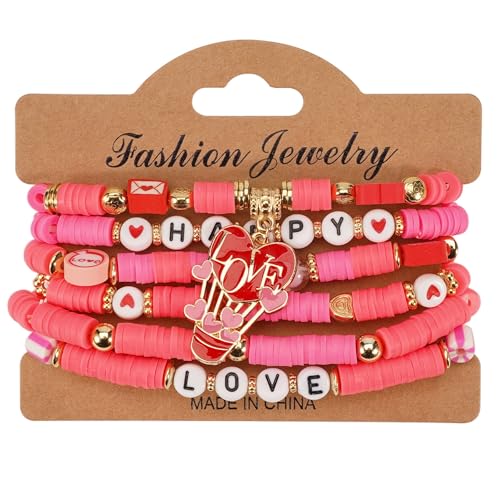 6PCS Valentine’s Day Clay Heishi Bracelet Set for Women- Red Pink Heart Love KISS XOXO Beaded Stretch Bracelets - Handmade Polymer Clay Crystal Glass Stackable Jewelry Gift for Galentine's Anniversary - color: LOVE-05