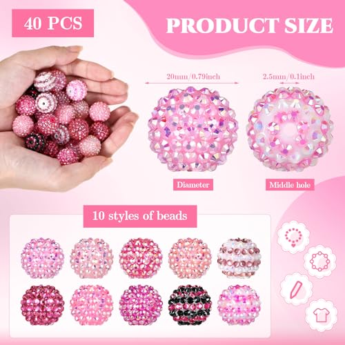 40 Pcs 20 mm Rhinestone Beads Bulk Crystal Round Disco Ball Chunky Bubblegum Beads for Pens Bracelets Charms Craft European Style Jewelry Making Supplies Christmas(Mix Pink) - color: Mix Pink