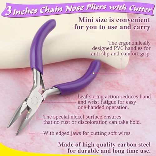 SPEEDWOX 3 Inches Chain Nose Pliers with Cutter, Purple, Jewelry Making Miniature Pocket Plier, Needle-Nose Pliers, Wire Cutters, Jewelry Pliers, Jewelry Making Tools - style: Chain Nose Pliers With Cutter
