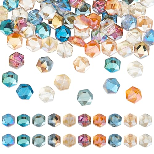 PH PandaHall 70pcs 7 Colors Faceted Beads, 12mm Flat Hexagon Crystal Beads Electroplate Glass Bead AB Color Craft Spacer Loose Bead for DIY Jewelry Bracelet Necklace Earring Crafting