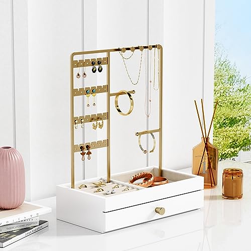 Goozii Gold Jewelry Stand Organizer Necklace Holder, Birthday Gifts for Women Girls, Small Jewelry Stand for Earrings Rings Bracelets, Velvet Jewelry Hanger Tree, Mothers Day Gifts - White and Gold - color: White and Gold