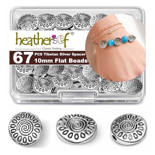 Tibetan Silver Spacer Beads 10mm Flat Round – 67pcs Metal Spacer Beads for Jewelry Making, Bracelets, Necklaces & Earrings DIY Supplies, Antique Silver Zinc Alloy - color: Silver Round