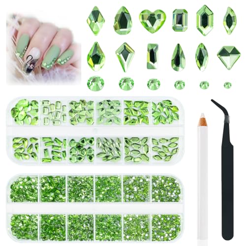 qiipii 3180Pcs Light Green Nail Rhinestones Multi Shapes Crystal Grass Green Flatback K9 Glass Rhinestones Gems Round Beads Stones Diamonds jewels w Wax Pen for Nails Face Eye Makeup Clothes Shoes DIY - color: Light Green, size: A Set