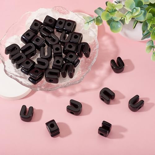 30Pcs Acrylic Letter Beads with Large Hole Letter U Chunky Vowel Bead with Horizontal Hole Black Plastic 3D Initial Alphabet European Beads for Key Chains Necklace DIY Craft Arts Projects - color: Black U