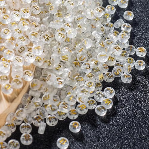 ToBeIT 1000pcs Transparent Alphabet Letter Beads Gold Acrylic Beads Round 4X7mm Letter Beads Jewelry Making Charms for DIY Bracelet Necklace Craft Making (bgtransparent-Gold) - color: bgtransparent-gold