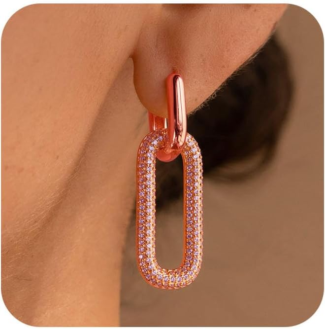 Gold Earrings for Women Trendy, Simple Dainty 14K Gold Plated Paperclip Square Chain Link Dangle Hoops Earrings Pin Stud Huggie Earrings Lightweight Hypoallergenic Minimalist Aesthetic Gold Jewelry for Christmas Gifts