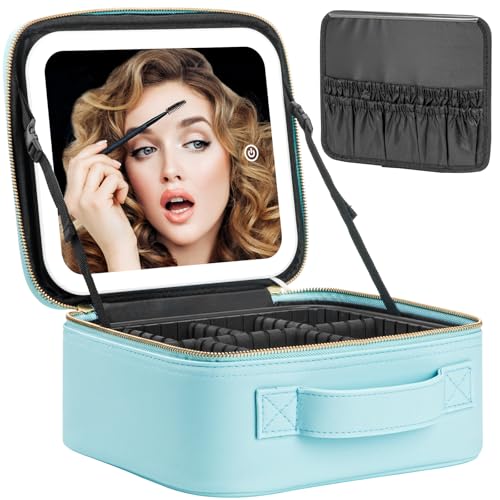 Extrei Gent Makeup Travel Train Case with Mirror LED Light 3 Adjustable Brightness Large Cosmetic Bag Portable Storage Adjustable Partition Waterproof Makeup Brushes Make up Jewelry Gift for Women - color: light blue