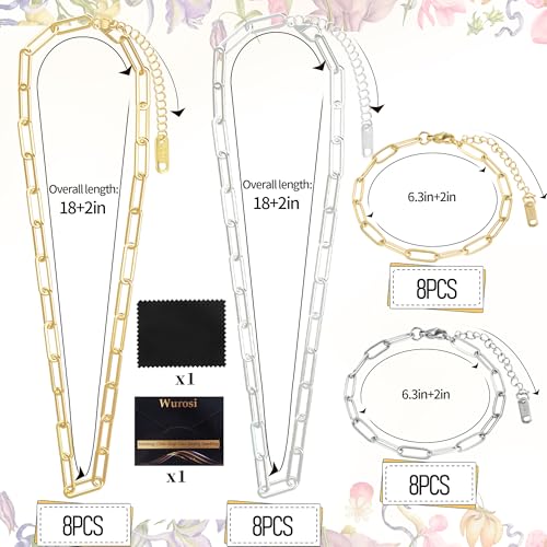 Wurosi 32 Pcs 18K Gold Plated Chain Necklace Bracelets Kit, Paperclip Chains, 18 Inch Bulk Charm Necklace Chain for Jewelry Making, Paperclip Bracelets for Women - color: 32 PCS 18K Gold+Silver