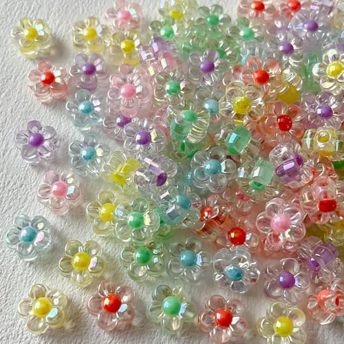 200pcs Ab Color Flower Bead Acrylic Colorful Beads Transparent Straight Hole Inner for DIY Jewelry Bracelet Necklace Phone Chain Keychain(ab Flower) - color: 200pcs-flower
