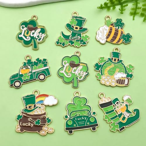 18pcs Alloy enamel green Irish Festival St. Patrick's Day clover carriage beer glass Jewelry Making DIY Keychain Earrings Pendant Various Design Charms for Jewelry Making Bracelets Necklace(SN1086) - color: SN1086