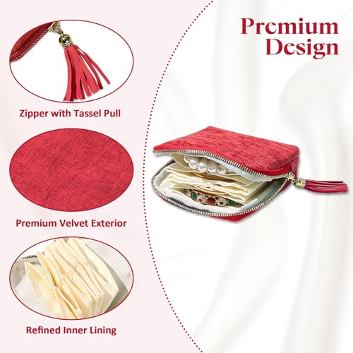 Sobotoo Small Travel Jewelry Case, Jewelry Zippered Pocket Case, 5-Layer Soft Velvet Organizer Pouch for Bracelets, Earrings, Beaded necklace, Rings, Mini Jewelry Bag for Travel Everyday Use(Red) - color: Red