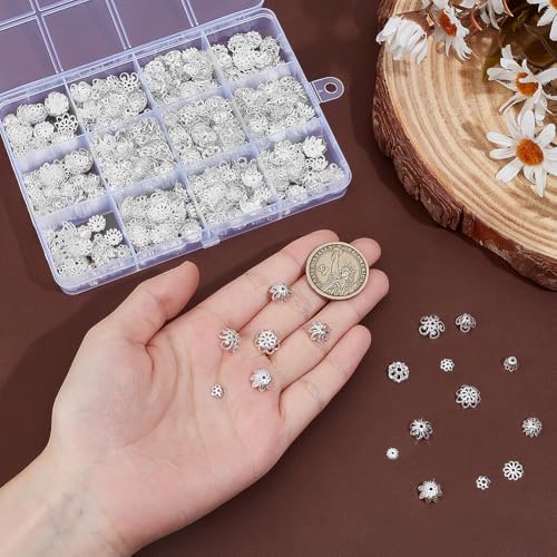 PH PandaHall 1440pcs 12 Styles Bead Caps, Bulk Silver Flower Spacer Beads Caps Metal Filigree Flower Spacer Beads Alloy Jewelry Bead End Cap for Bracelet Necklace Earrings Jewelry Making Supplies