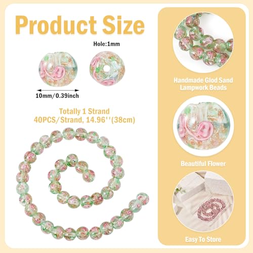 Cheriswelry 40Pcs/Strand Flower Lampwork Glass Beads 10mm Gold Sand Glass Bead Round Loose Spacer Beads for Rosary Jewelry Craft Making (Dark Sea Green) - color: Dark Sea Green