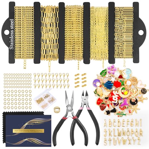 HUISUYTON 16.4 FT Gold Chain for Jewelry Making, Jewelry Making Chains Kit with Jump Rings/Lobster Clasps/Connectors/Charms/Pliers, Stainless Steel Necklace Chains for DIY Craft - color: Gold-16.4Ft+Pendants