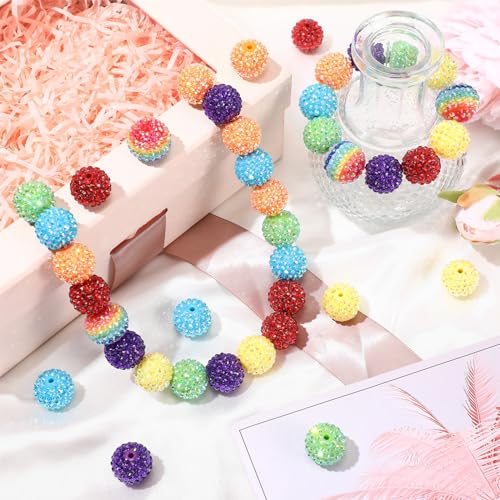 40 Pcs 20 mm Rhinestone Beads Bulk Crystal Round Disco Ball Chunky Bubblegum Beads for Pens Bracelets Charms Craft European Style Jewelry Making Supplies Christmas(Rainbow) - color: Rainbow