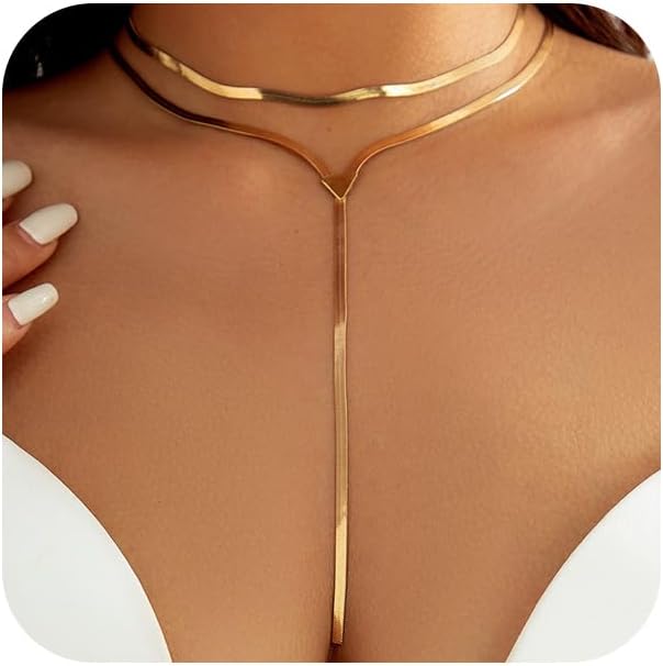 2Pcs Gold Long Snake Chain Y Drop Necklaces for Women Trendy Statement Layered Lariat Choker Necklace Y2K Formal Prom Party Jewelry Accessories Gift