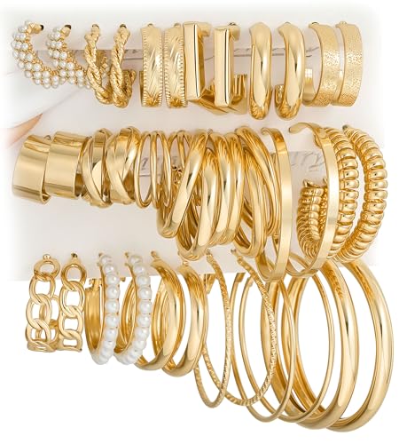 Gold Hoop Earrings Set for Women, 18 Pairs Hypoallergenic Statement Open Pearl Hoops Earring for Multipack, Gold Chunky Hoop Earrings for Women Trendy Jewelry - color: Gold-B-18 pairs
