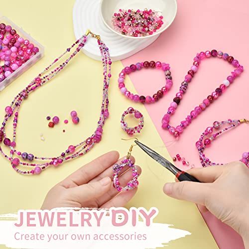 Rired 27 8mm Round Glass Beads Kit, Craft Beads for Bracelet Making, Hot Pink Color with 4mm Bicone Crystal Beads, 2-4mm Spacer Seed Beads for Jewelry Making, Necklace, Phone Charms, DIY Earrings - color: ROSE