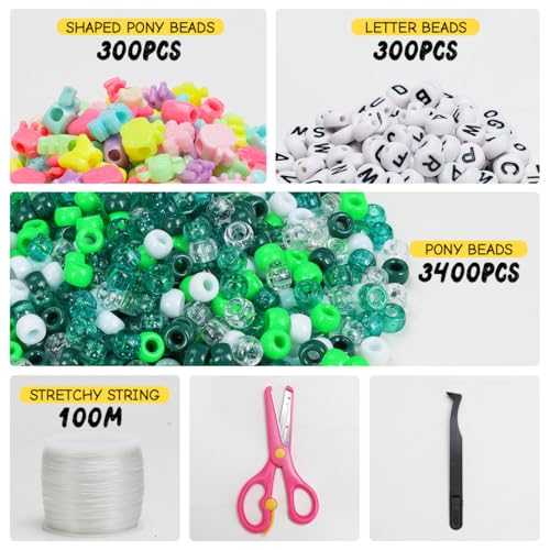 IOOLEEM Green Solid & Glitter Bulk Pony Beads - 4000pc Kit for Friendship Bracelets & Jewelry Making, Easy Storage - color: Green & Glitter