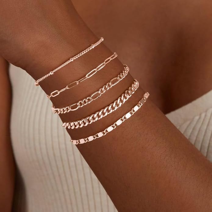 Gold Bracelets Set for Women Non Tarnish Trendy,14K Gold Plated Dainty Stackable Paperclip Cuban Link Chain Bracelets, Simple Cute Cuff Bracelets Jewelry Set Adjustable 7"+2"