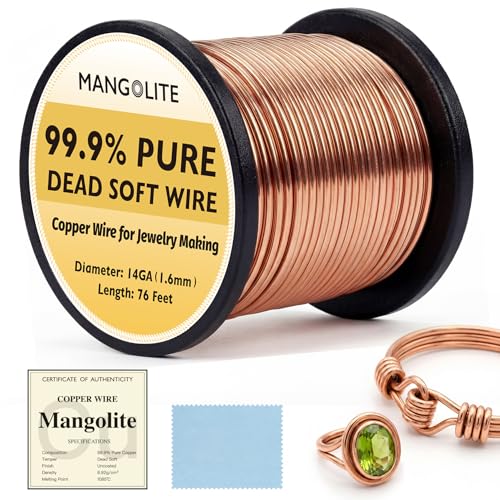 14 Gauge/1.6mm Copper Wire for Gardening & Jewelry – 76 Feet 1 Pound Spool with Polishing Cloth & COA – 99.9% Pure Dead Soft Bare & Skin Safe Uncoated Craft Wire for Electroculture & DIY - size: 14 Gauge, style: 1 Pound