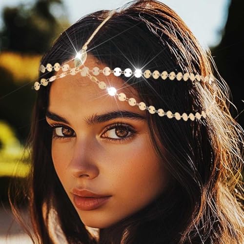 Yean Gold Sequins Head Chain Bohemian Hair Jewelry Headpiece Forehead Band Festival Headband Accessories for Women - color: Gold