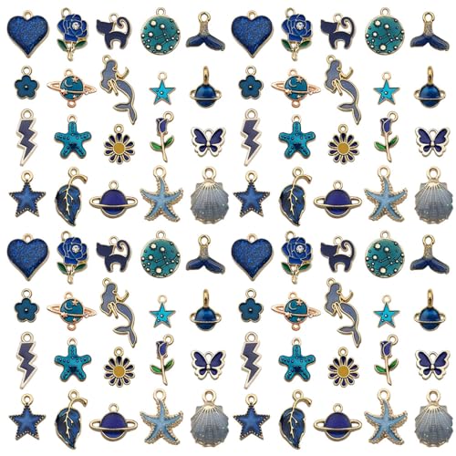 Youdiyla 60pcs Alloy Enamel Deep Blue Series Flower Butterfly Leaf Star Set Pendant Jewelry Making DIY Keychain Earrings Pendant Various Design Charms for Jewelry Making Bracelets Necklace (SN995) - color: SN995