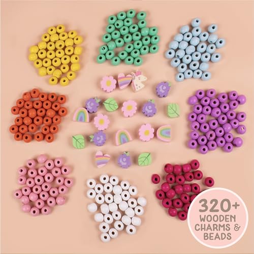 Story Magic Wooden Flower Bead Set, Over 300 Large Hole Wood Beads & Charms for Beading Bracelets, Bracelet Making Kit, Flower Bracelet Kit, Whimsical Bracelet Charms, Storage Tray Included, Ages 4+ - size: Large, style: Flower Bead Set