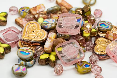 2.1oz (60g) of Focal Glass Bead Mix with Table-Cut Flower and Butterfly Beads, PG Pale Green Pink - color: Focal Pale Green pink