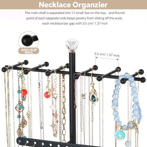 Meangood Jewelry Organizer Stand, 3-Tier Necklace Holder Jewelry Tree with Wooden Storage Drawer Box for Necklace Bracelet Earring Ring,Black - color: Dark Black