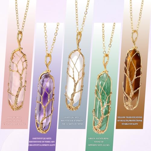 Yaomiao 5 Pieces Crystal Necklaces, Healing Stones Spiritual Pendant Natural Gemstone Jewelry with Adjustable Chain for Women Girls - color: Mixed Color with Tree Gold Chain
