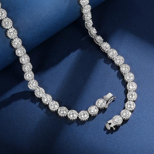 Gemsme 18K White Gold Plated Halo Necklace 5.0mm Round Cubic Zirconia Classic Tennis Necklace - color: White Gold, size: 24 inch