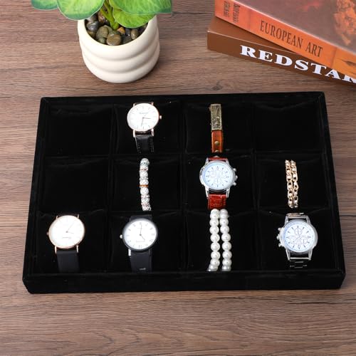 2 Pack 12 Grid Velvet Watch Tray Organizer with Removable Pillows - Stackable Bracelet & Bangle Display Holder for Drawer, Store, or Travel - Black