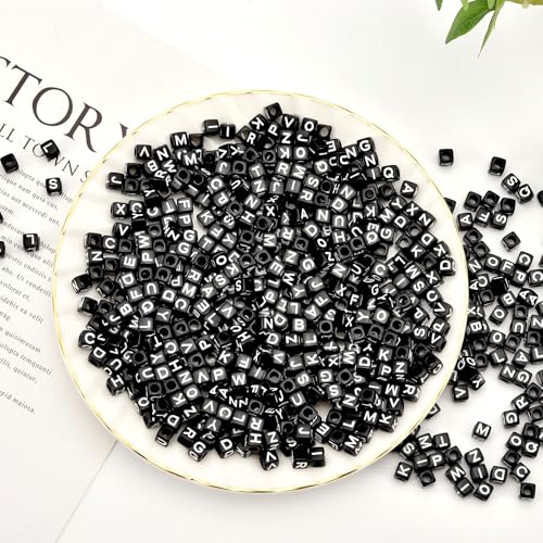 800Pcs Black Square Letter Beads A-Z, 6X6mm Acrylic Alphabet Beads for DIY Crafts - color: Black and White