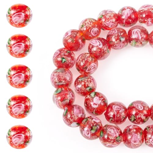 Cheriswelry 40Pcs/Strand Flower Lampwork Beads 10mm Round Glass Loose Spacer Beads Gold Sand Handmade Craft Bead for Rosary Jewelry Crafts DIY Bracelet Necklace Earring (Red) - color: Red
