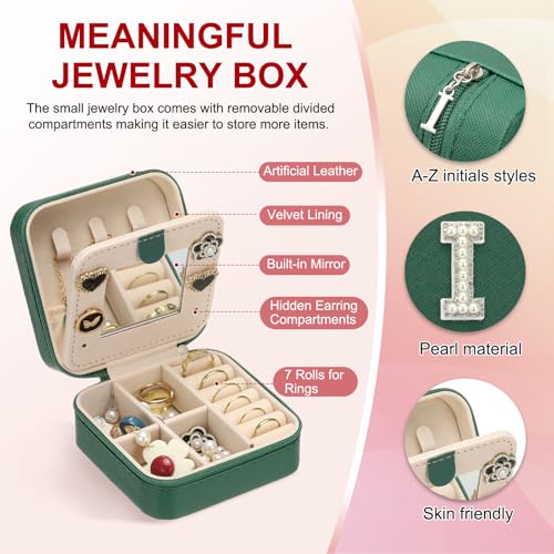 PATIKIL Travel Jewelry Case, I Initial Small Travel Jewelry Box Organizer Rings Earrings Storage Case Personalized Gifts for Women Girls Birthday Christmas Bridesmaid Gifts, Dark Green - style: I
