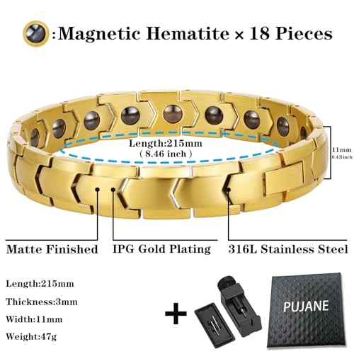 Magnetic Hematite Bracelets for Men Women 316L Stainless Steel Power Balance Energy Magnets Stones Bracelet Jewelry Gift with Adjustment Tool - color: Gold