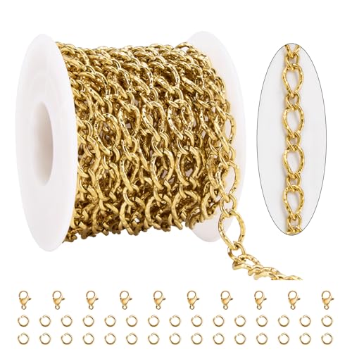 KYUNHOO 13 Feet Gold Plated Stainless Steel Bulk Chains for Jewelry Making Embossed Rhombic Chain Links with Lobster Clasps Jump Rings for Necklace DIY Supply Jewelry Findings - color: Twist Gold