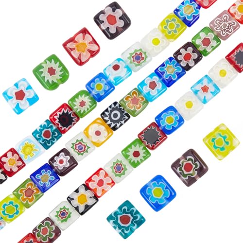 1 Box 96PCS 8MM Flat Square Millefiori Glass Beads with Holes Lampwork Flower Colorful Cube Handmade Floral Spacer Loose Bead Bulk for Jewelry Making Necklace Bracelet DIY Craft Supplies - size: 96Pcs 8mm, style: Square